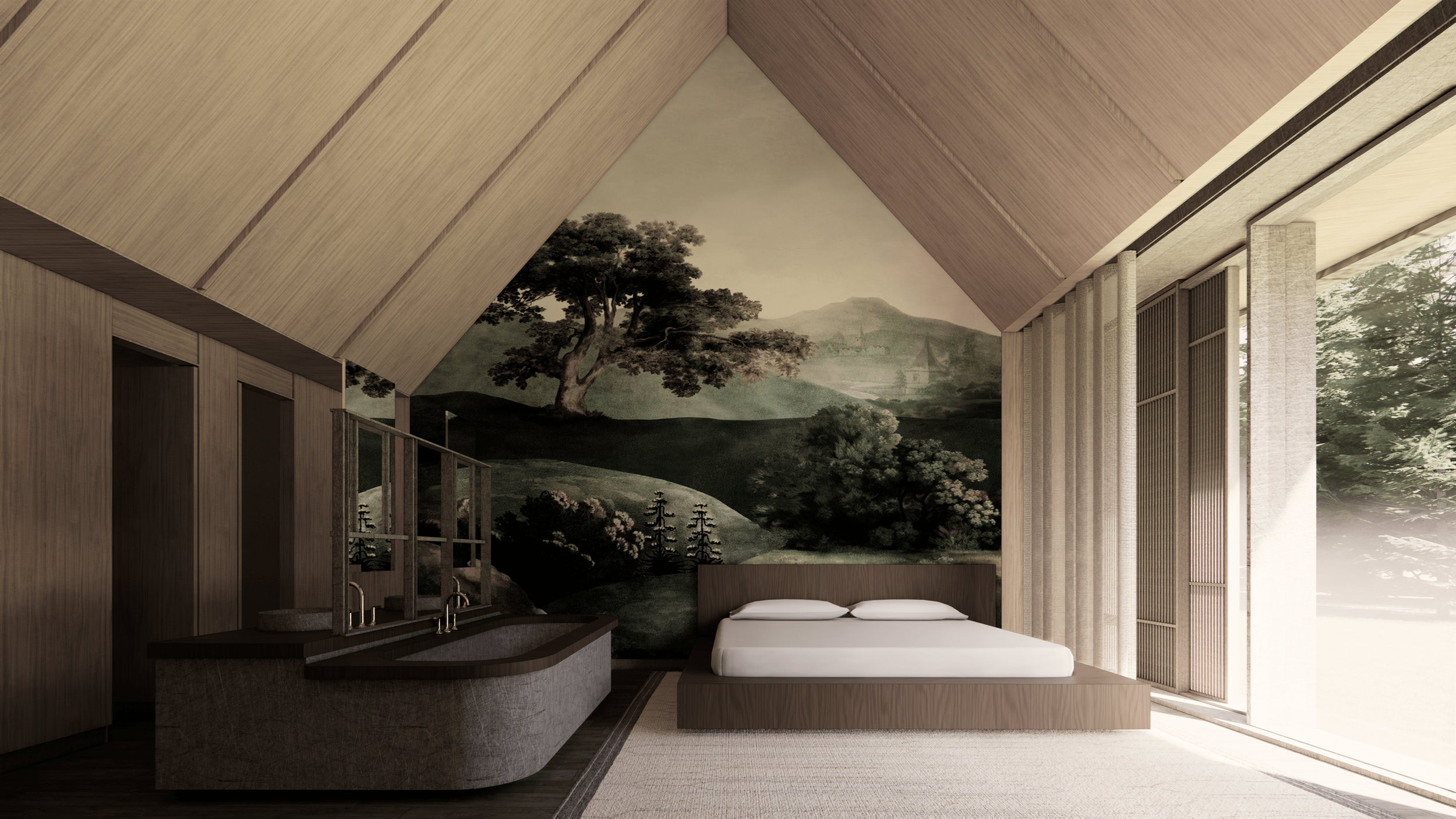An architectural concept focusing on renovation and integration of hospitality spaces into woodland nature. London Architects Studio Tashima