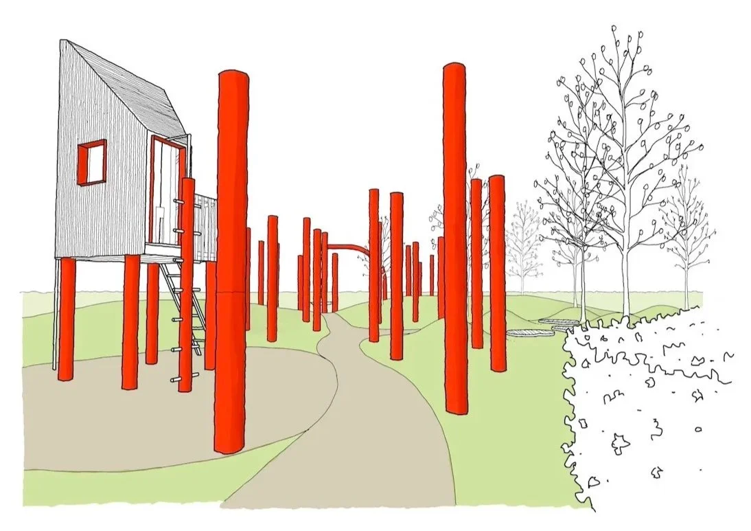 Architect's perspective drawing for Enchanted Woodland theme playground in Cardiff with abstract red tree trunks and tree contemporary house