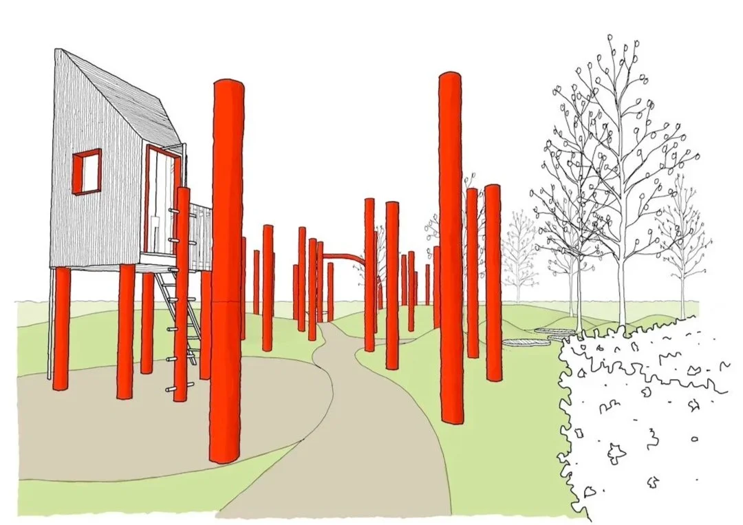 Architect's perspective drawing for Enchanted Woodland theme playground in Cardiff with abstract red tree trunks and tree contemporary house