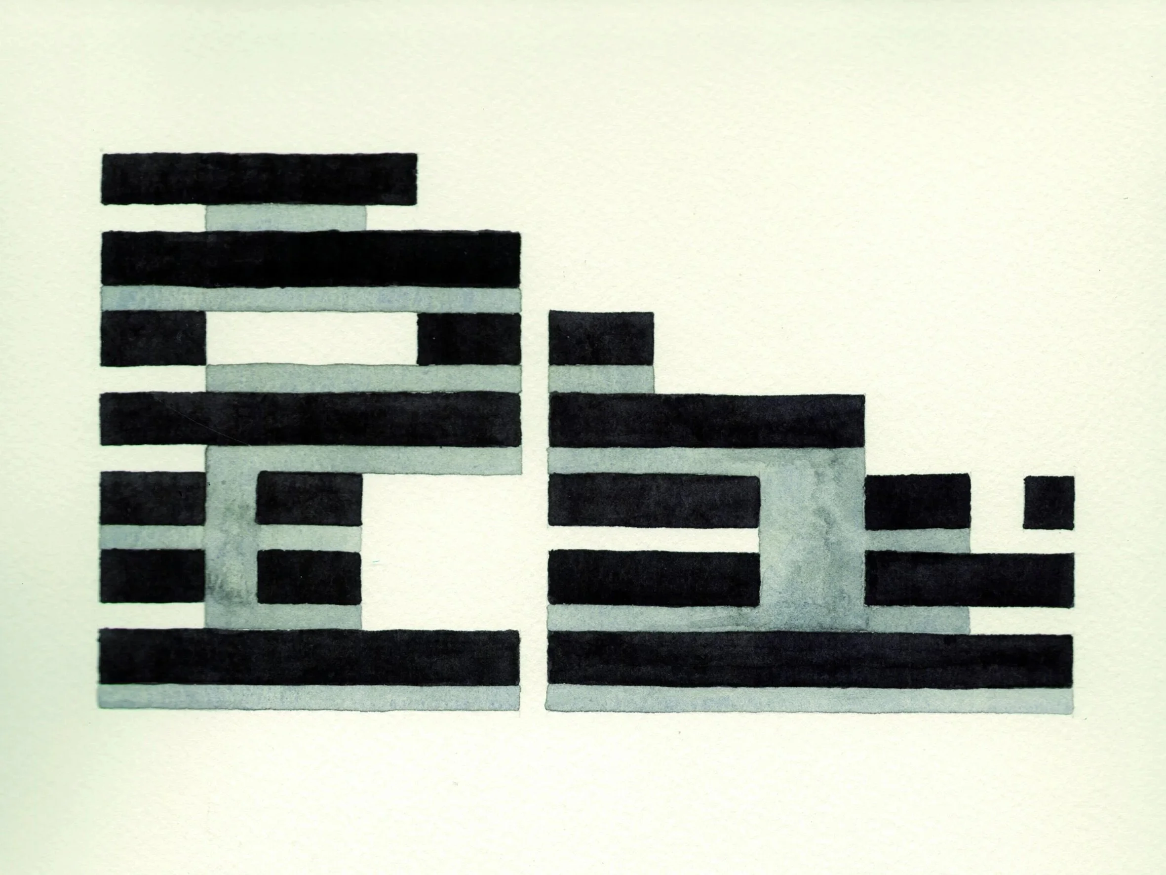 Water colour and black ink painting. Abstract grid pattern representing solid and void in a building plan.