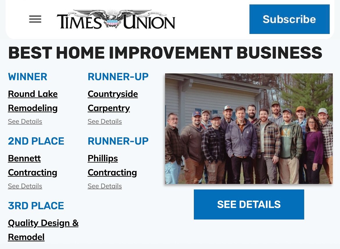 Thank you to everyone who voted for us! We are proud to be recommended as the Best Home Improvement Contractor in the Capital Region. Let&rsquo;s make a space you love coming home to.