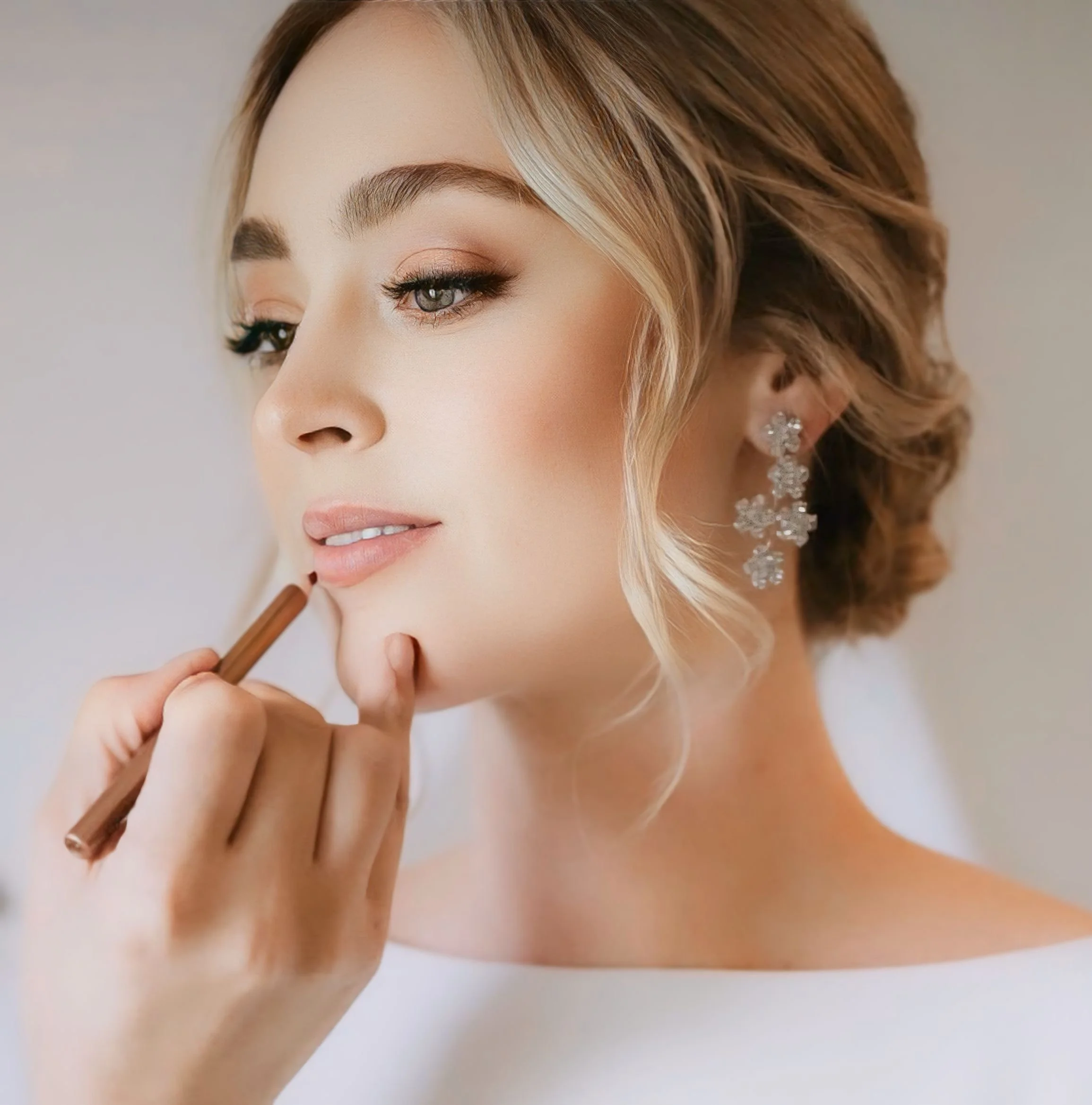 A woman with styled blonde hair and earrings having makeup applied to her lips.