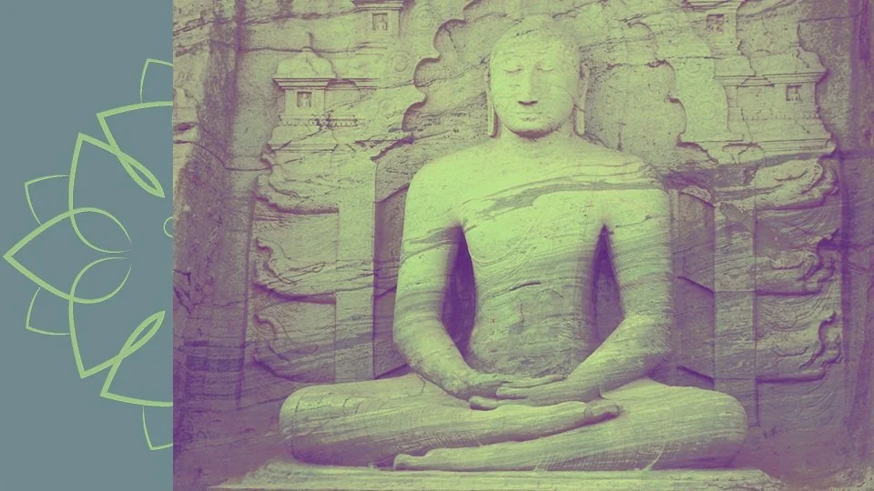 Stone statue of Buddha meditating in a seated position with eyes closed, surrounded by an intricately carved background, and a mandala design on the side.