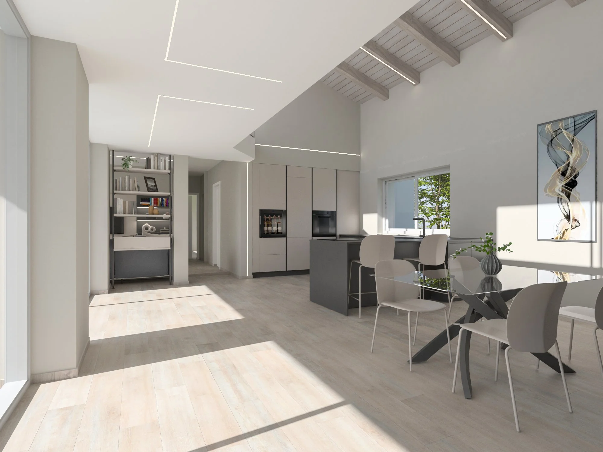 Interno di una casa moderna con cucina e sala da pranzo, pareti bianche, soffitto con travi in legno e grandi finestre.