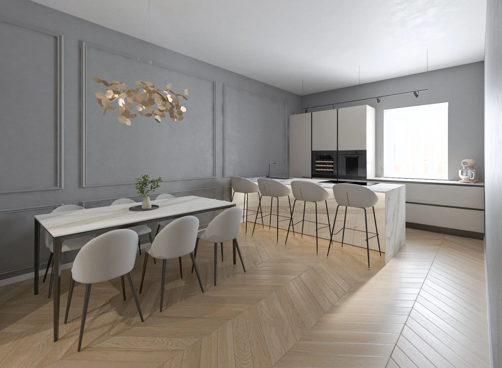 Cucina moderna con piano snack, sedie bianche e pareti grigie, lampadario decorativo e scaffale per vino, con grande finestra