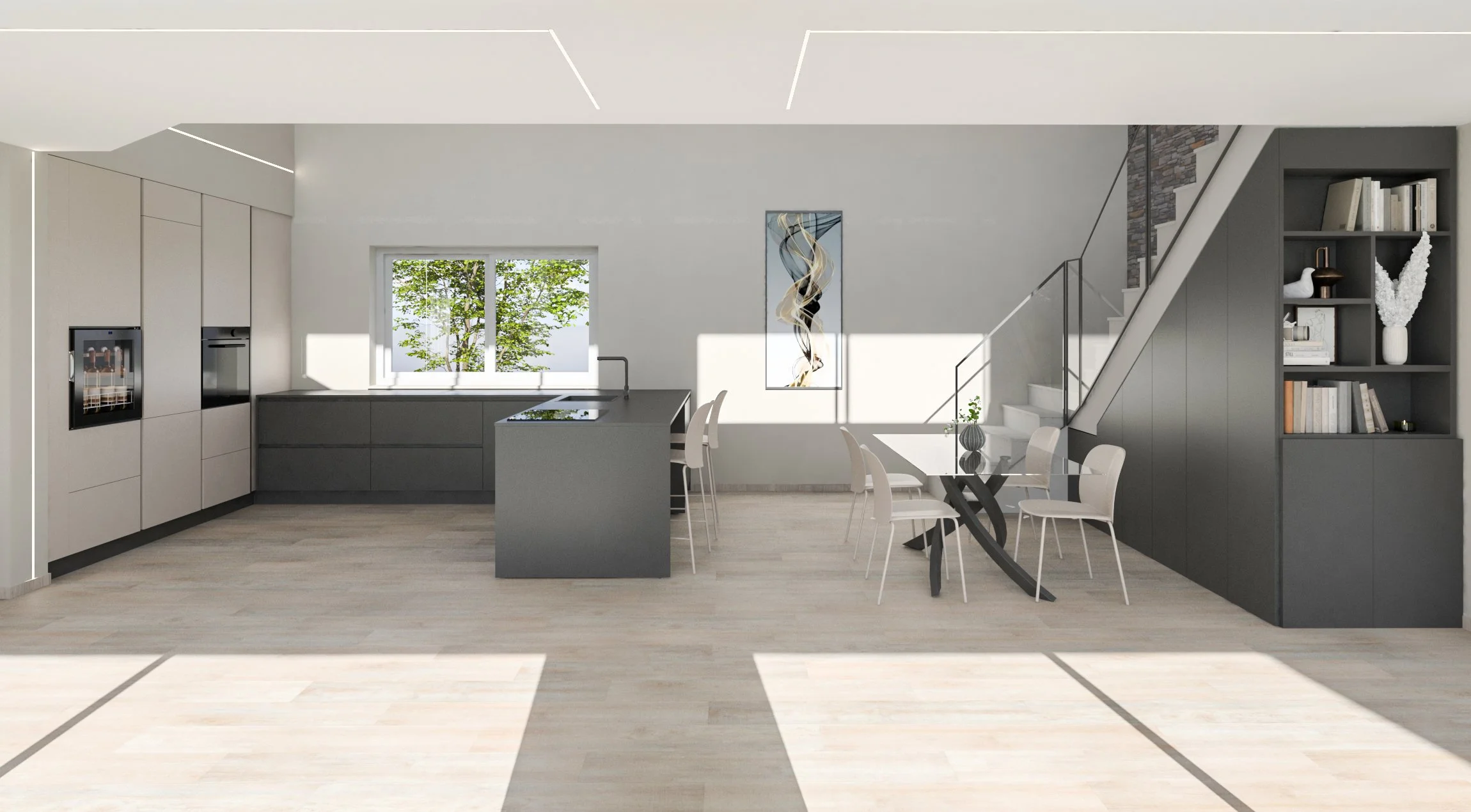 Interno di una cucina moderna con armadi bianchi e grigi, tavolo da pranzo con sedie bianche, grandi finestre con vista su alberi, pareti e mobili in tonalità scure, decorazioni minimaliste e scaffalature con libri e oggetti decorativi.