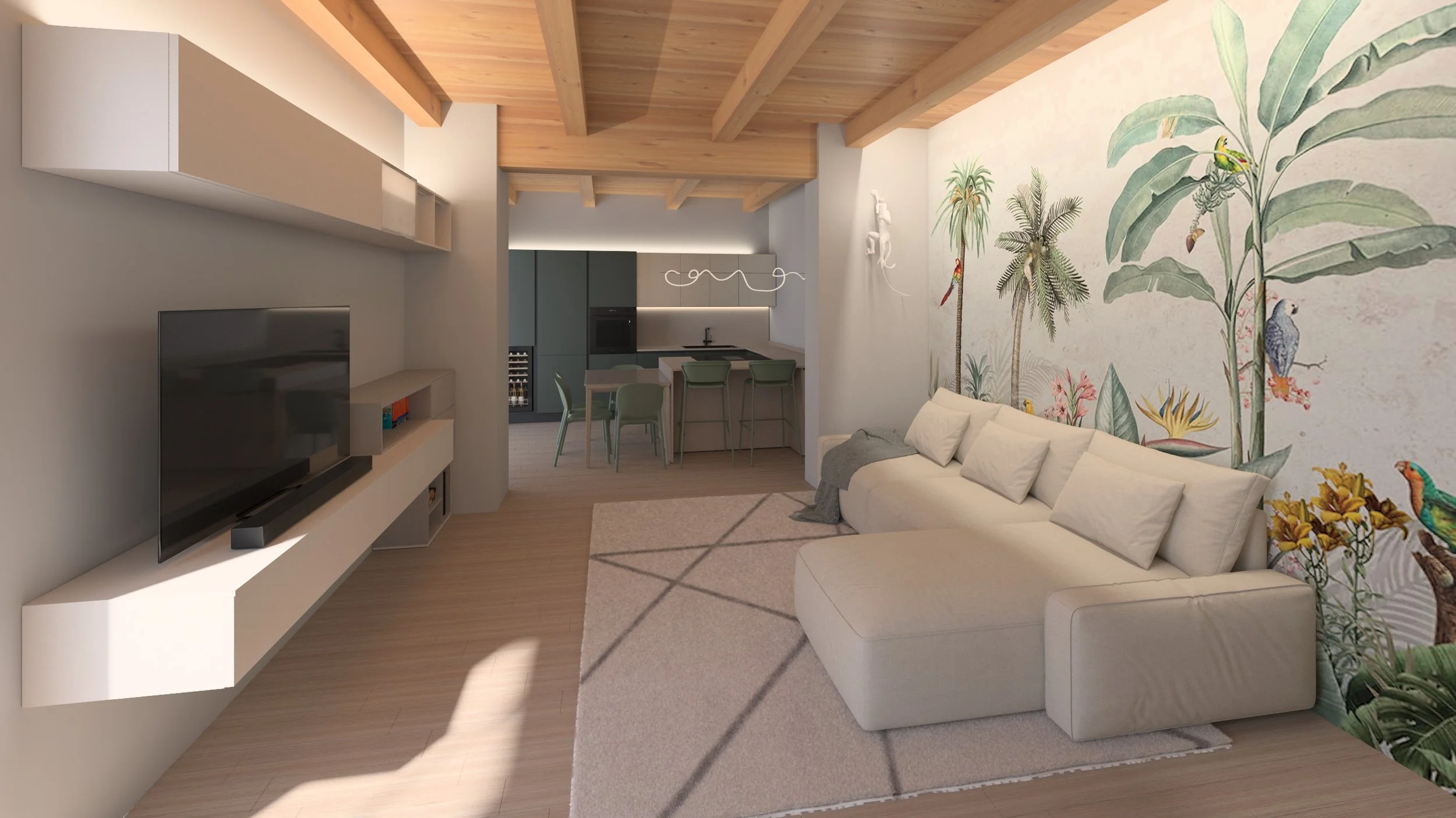 Interno di un soggiorno con parete decorata con murale tropicale, divano bianco, tappeto beige, cucina open space, soffitto con travi di legno.