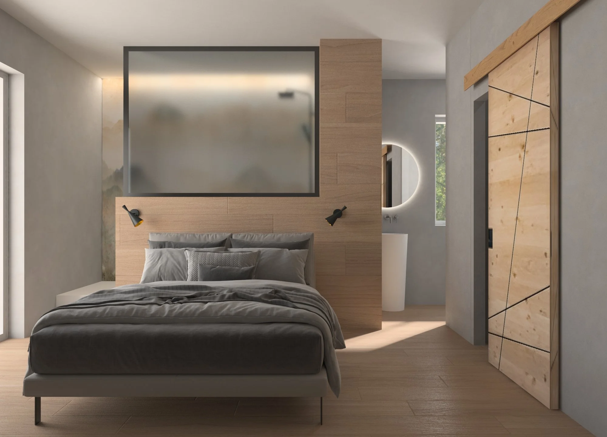 Interno di una camera da letto moderna con letto matrimoniale, parete in legno, specchio rotondo con retroilluminazione e porta scorrevole in legno