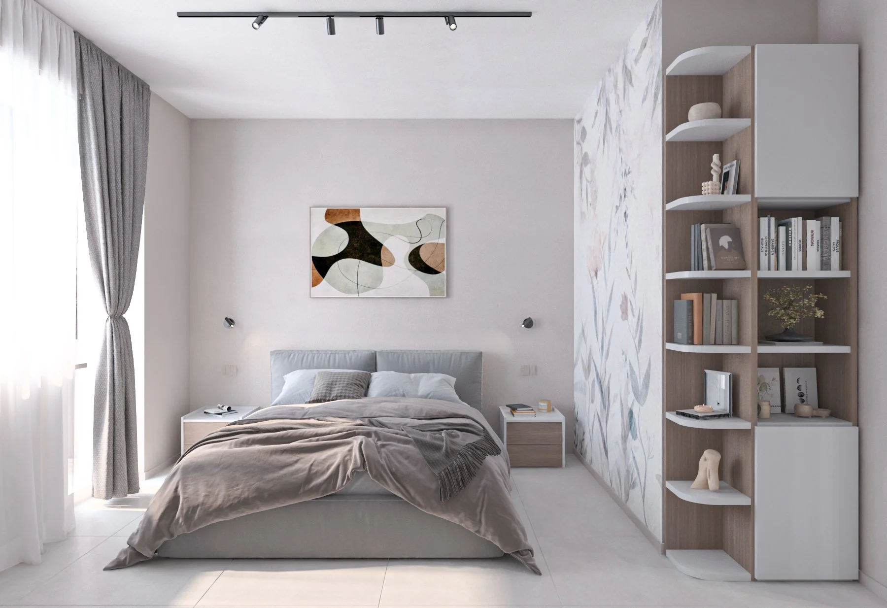 Camera matrimoniale con letto, comodini, scaffale con decorazioni e quadri, tutto in stile minimalista e colori neutri.