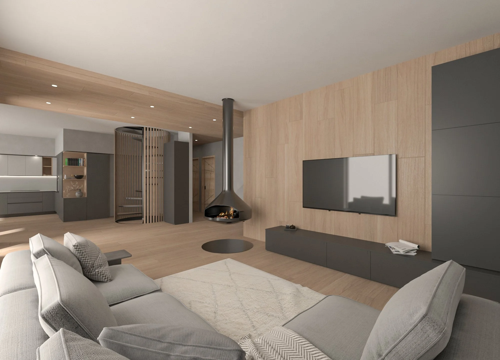 Interno di un soggiorno moderno con divano chiaro, parete in legno, TV attaccata, camino sospeso e cucina aperta sullo sfondo.