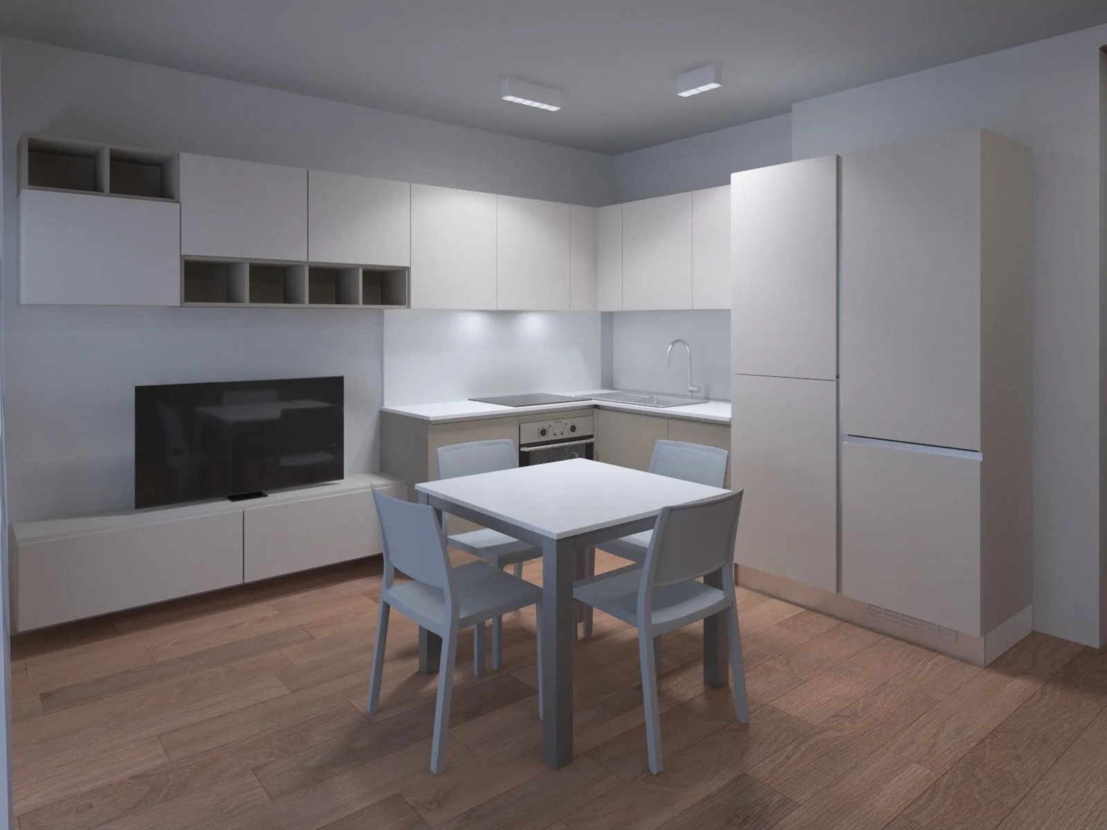 Cucina moderna con mobili bianchi, tavolo con quattro sedie, televisore, e elettrodomestici in un ambiente minimalista