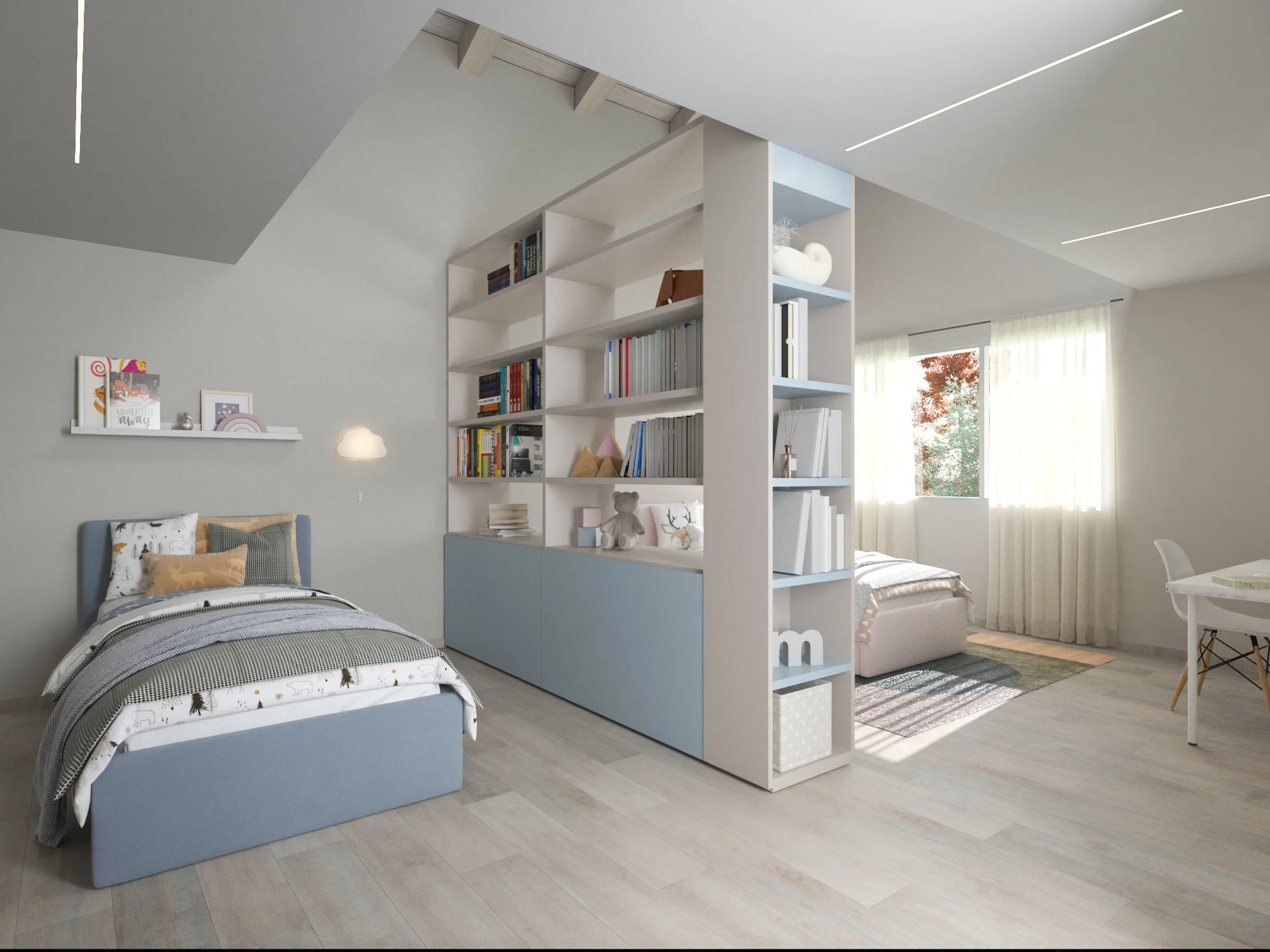 Camera da letto con due letti femminili, una libreria a metà con decori e libri, e una grande finestra con tende trasparenti. Esterni di alberi con foglie rosse e verdi.