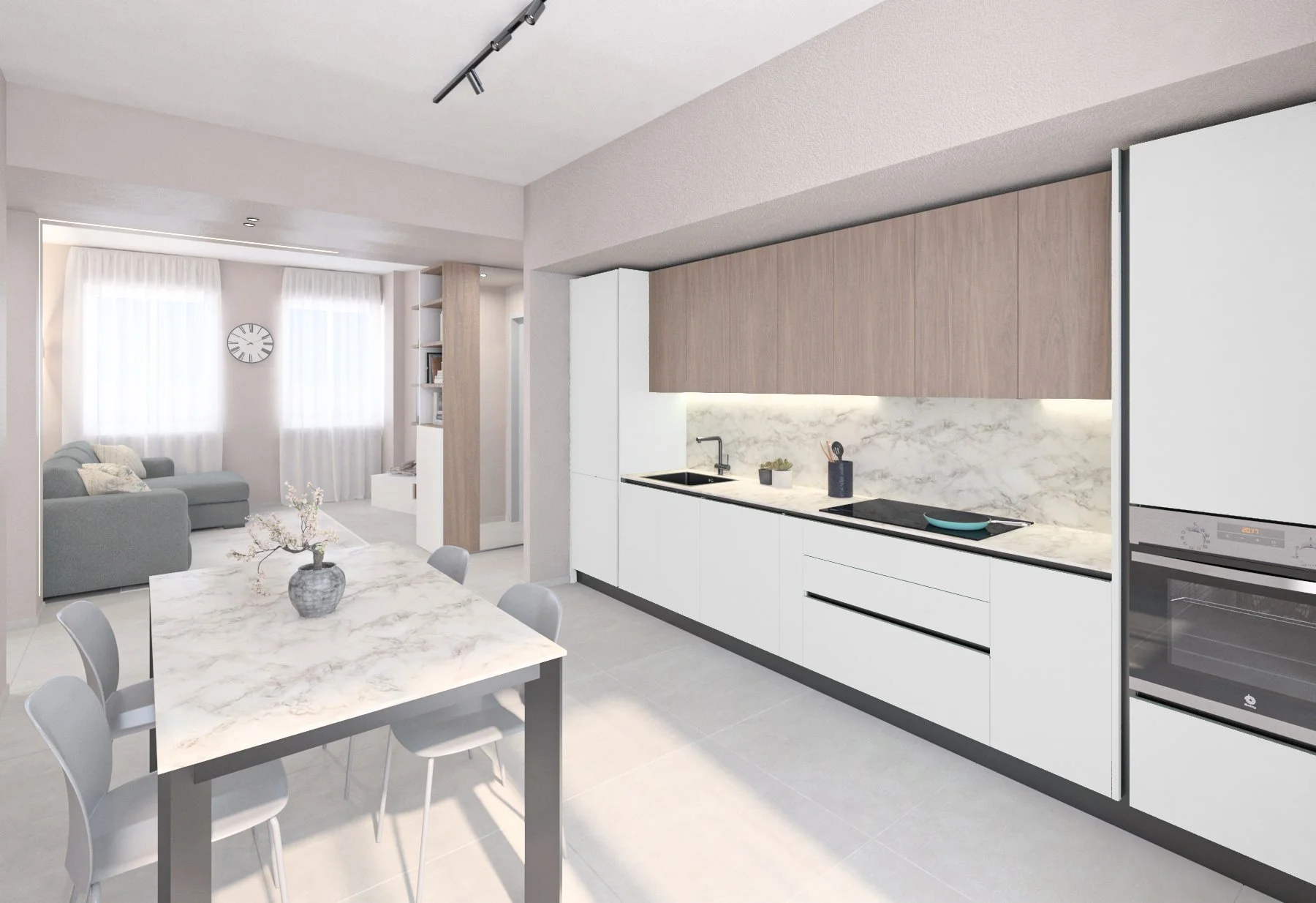 Cucina moderna con tavolo in marmo, sedie bianche, armadietti bianchi e in legno, piano cottura, lavello, forno, piastrelle in marmo e decorazioni minimaliste.