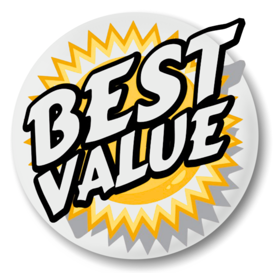 A badge with the phrase "Best Value" in bold black letters, surrounded by yellow and white starburst designs.