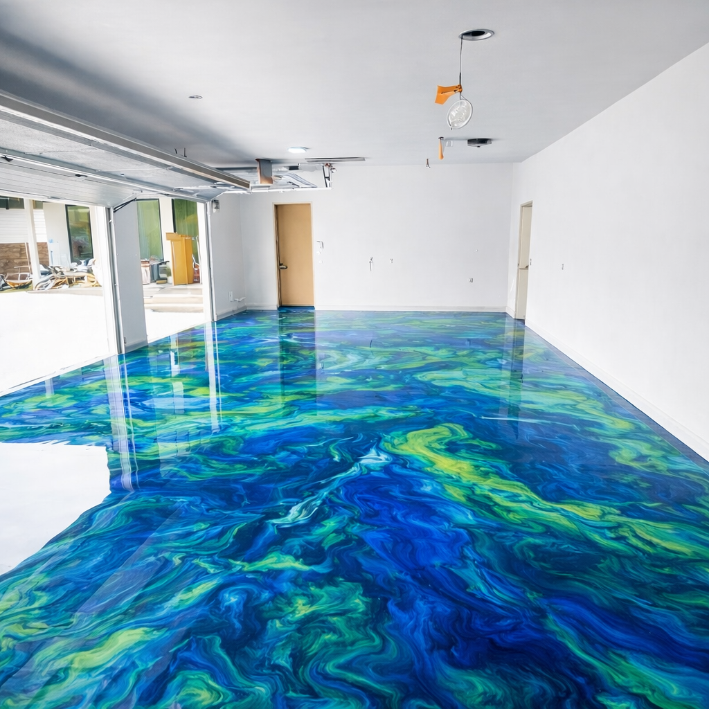 Empty room with a vibrant blue, green, and yellow marbled epoxy floor, white walls, and an open garage door showing outdoor seating.