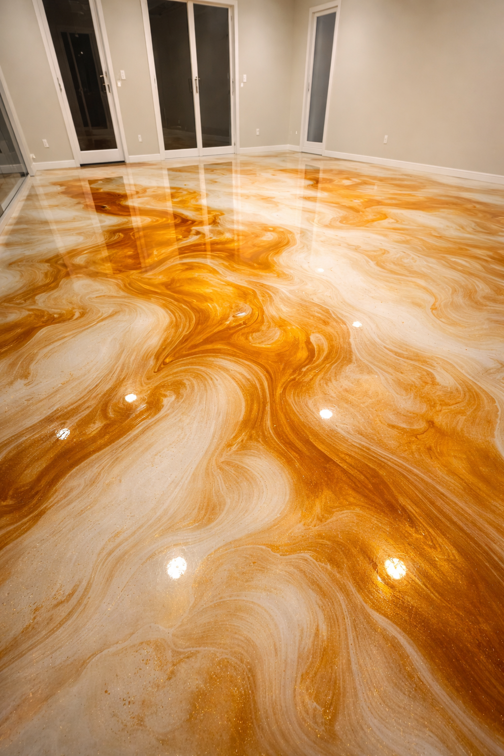 A room with a polished, swirling orange and cream marble floor and glass double doors.