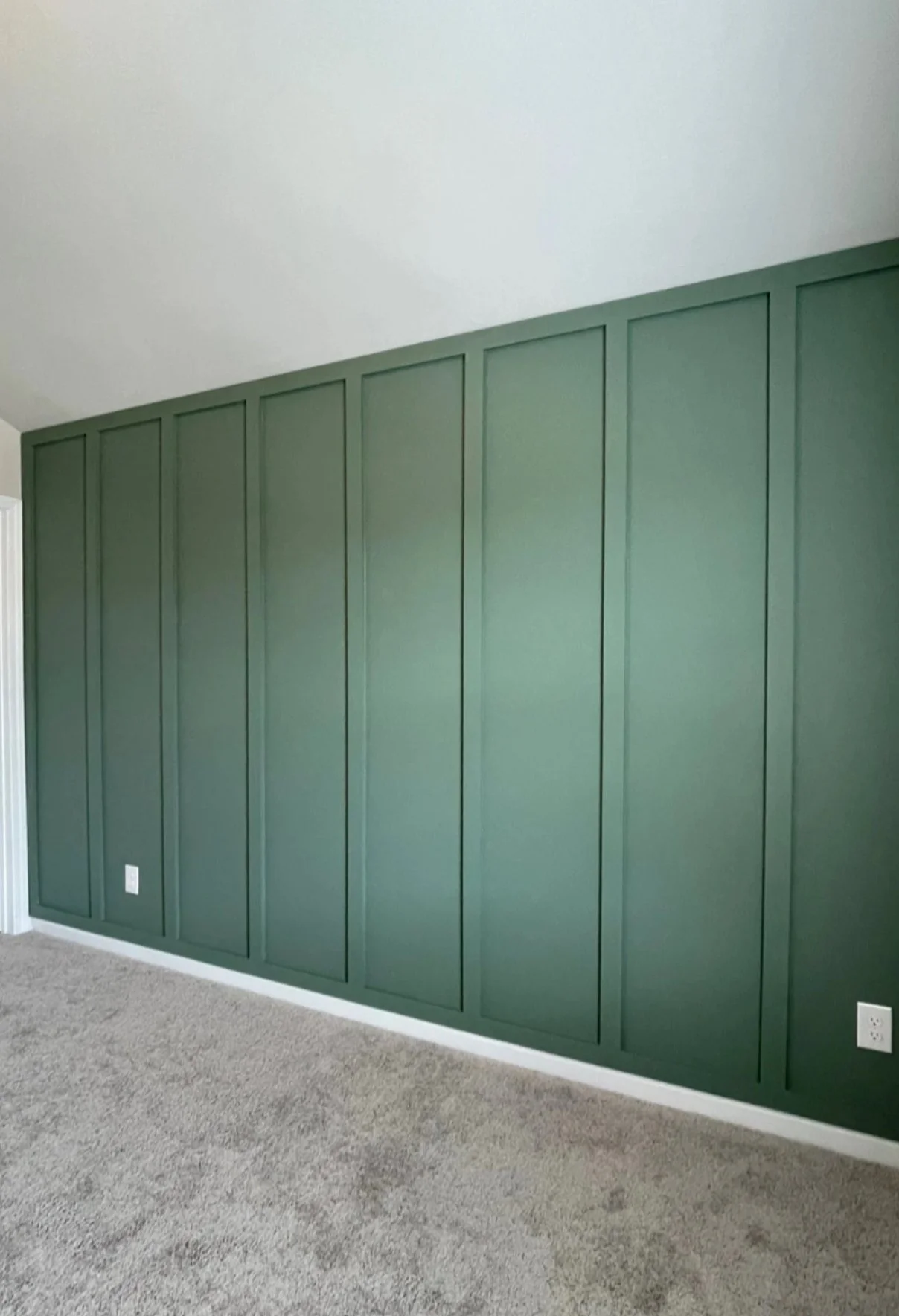 Interior of a room with a green paneled wall, beige carpeted floor, and a white ceiling.