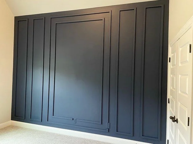 Dark gray built-in wall unit or closet with paneled doors in a room with light-colored walls and carpeted floor.