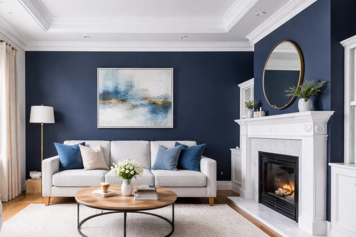 Living room with navy blue walls, a white sofa with blue and beige pillows, a wooden coffee table with flowers and books, a fireplace with a white mantel, a round mirror above the fireplace, and a painting of blue, white, and gold abstract art on the wall.