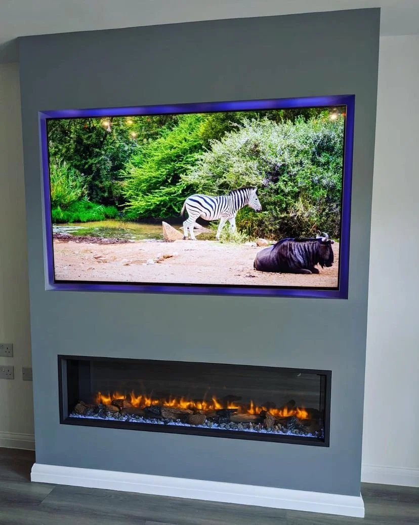 A wall-mounted TV displaying a wildlife scene with a zebra and a hippopotamus in a lush green habitat, below which is a modern electric fireplace with visible flames.