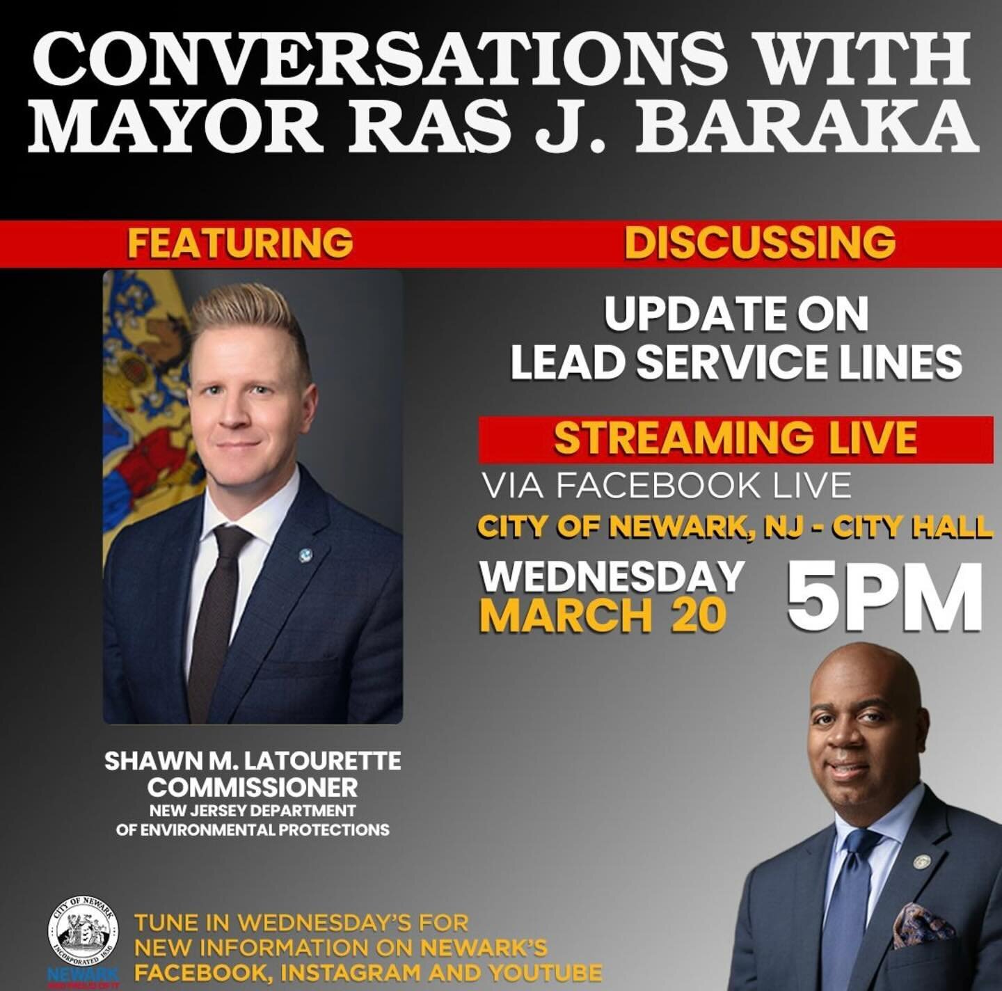 SAVE THE DATE&mdash; Tune in to the City&rsquo;s Facebook Live next week on Wednesday, March 20th at 5pm to hear an important update on Newark&rsquo;s lead service line audits from Mayor Baraka and Commissioner LaTourette. 
facebook.com/cityofnewark