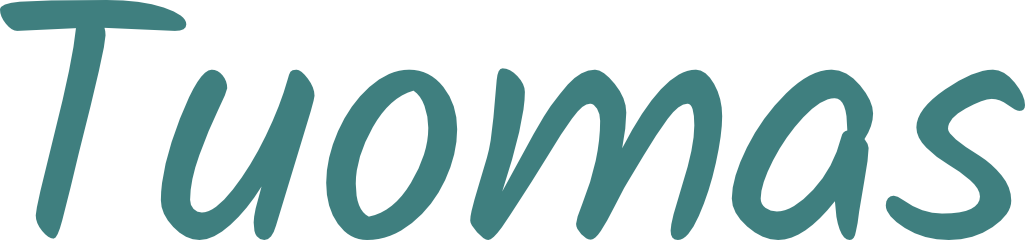 Logo with the word 'Tuomas' in teal script font.