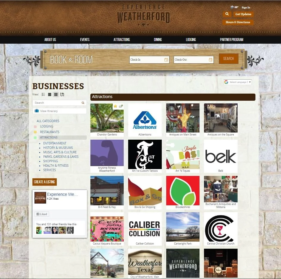 Screenshot of Experience Weatherford Tourism website from September 2019. This was the business feed page.