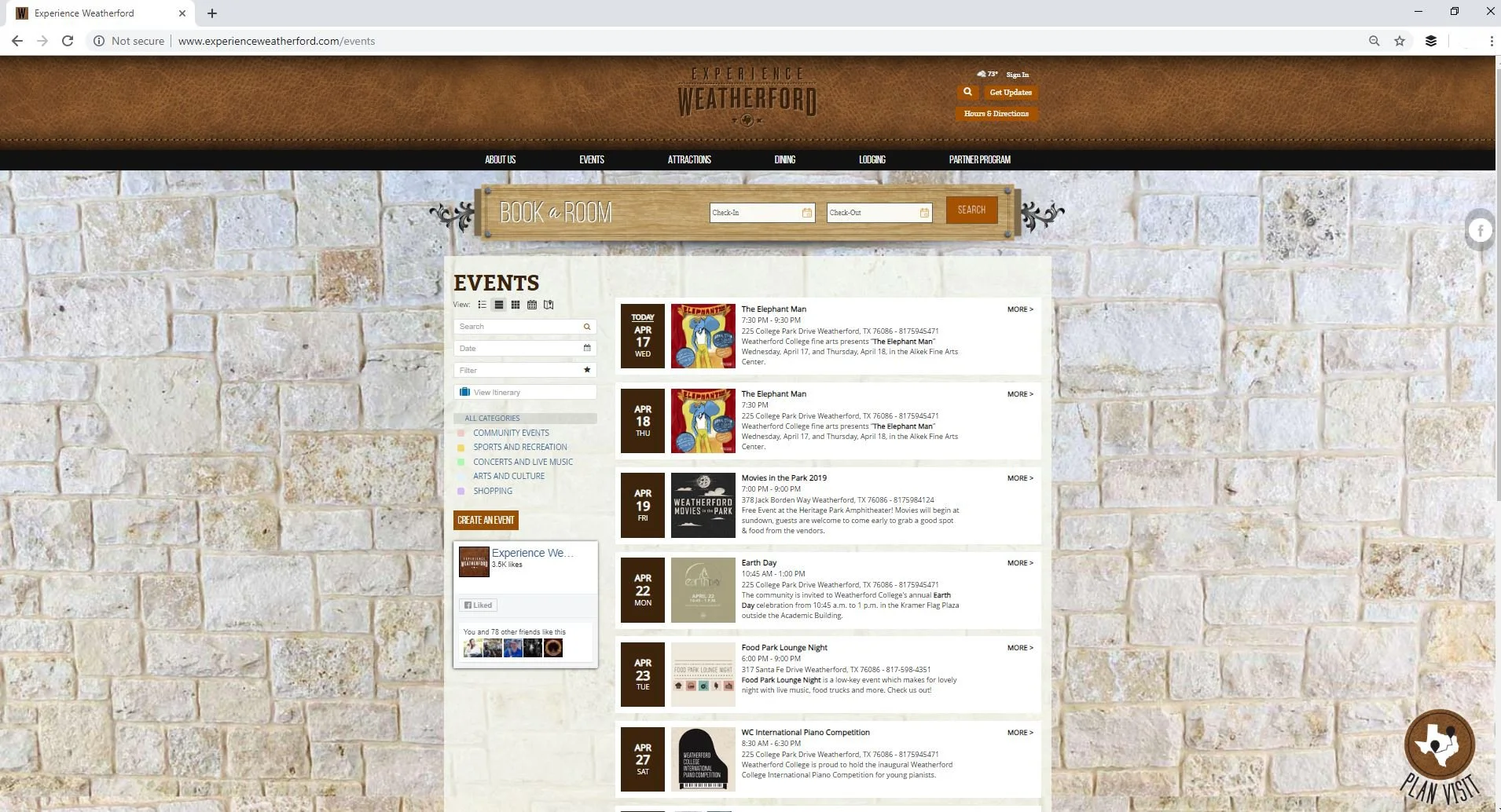 Screenshot of Experience Weatherford Tourism website from September 2019. This was the events calendar feed page in list form.
