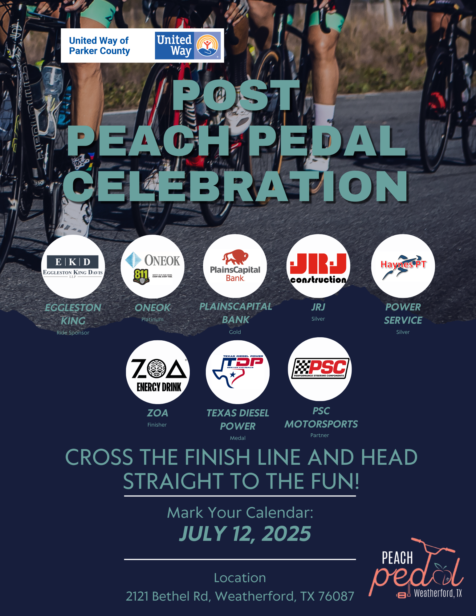 FLyer for the 2025 Parker County Peach Pedal featuring the top sponsors. 