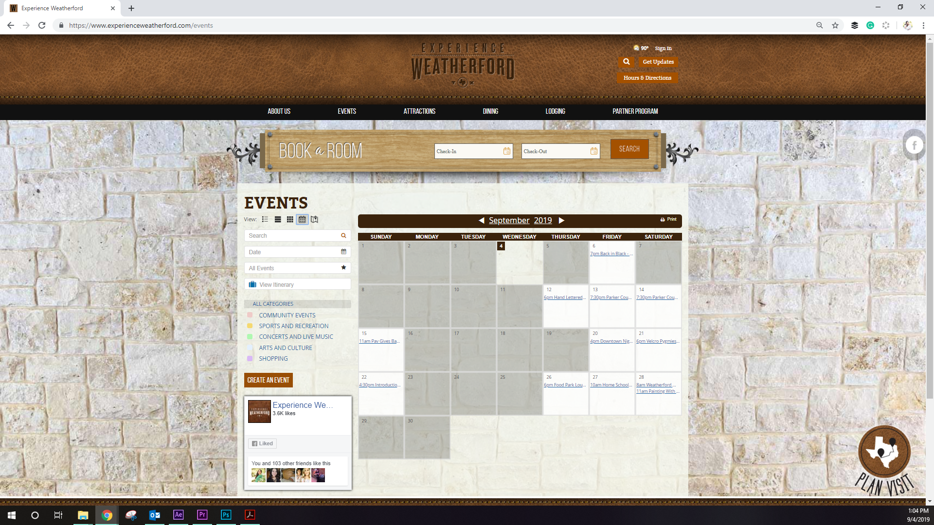 Screenshot of Experience Weatherford Tourism website from September 2019. This was the events calendar feed page.