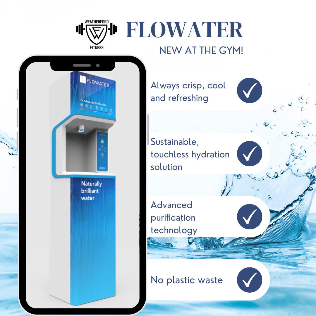Flowater promotion graphic for the new water purification system added to Weatherford Fitness.  