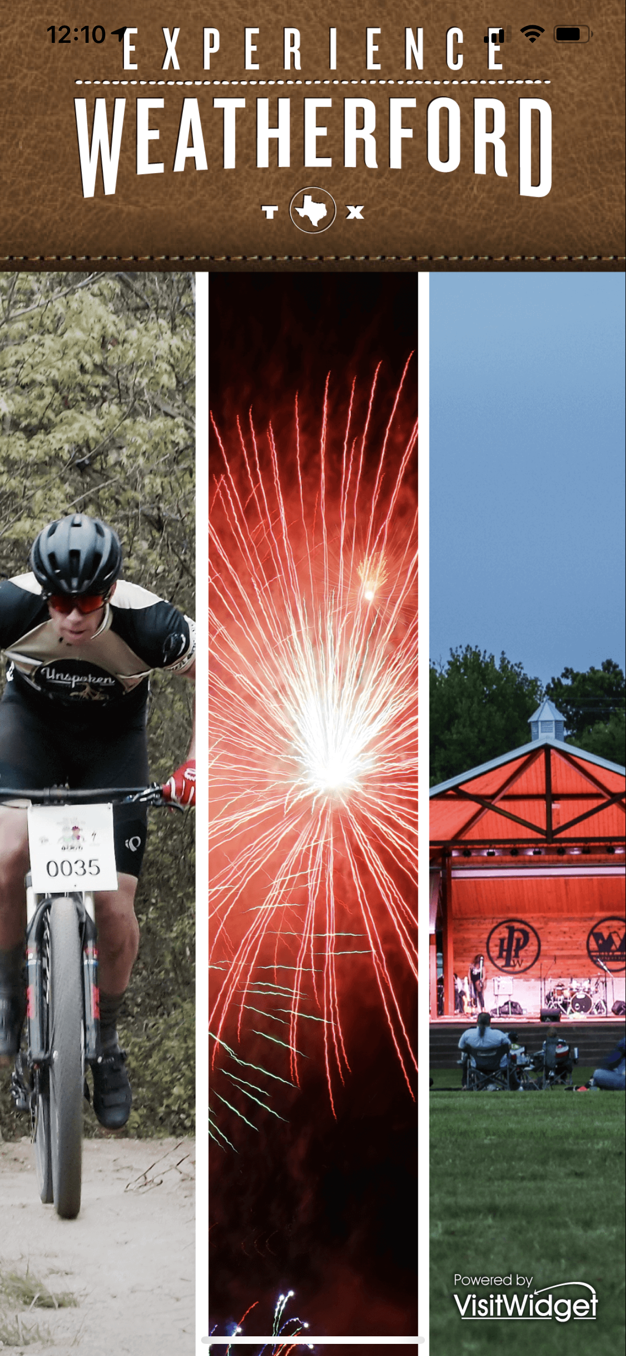 This was the opening page of the mobile format/mobile application for the Experience Weatherford tourism brand.