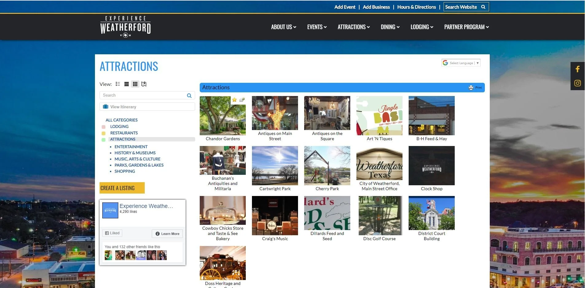 Here is the updated Experience Weatherford Website following the redesign that launched in 2020. This is showing the attractions feed from filtering the business listings. 