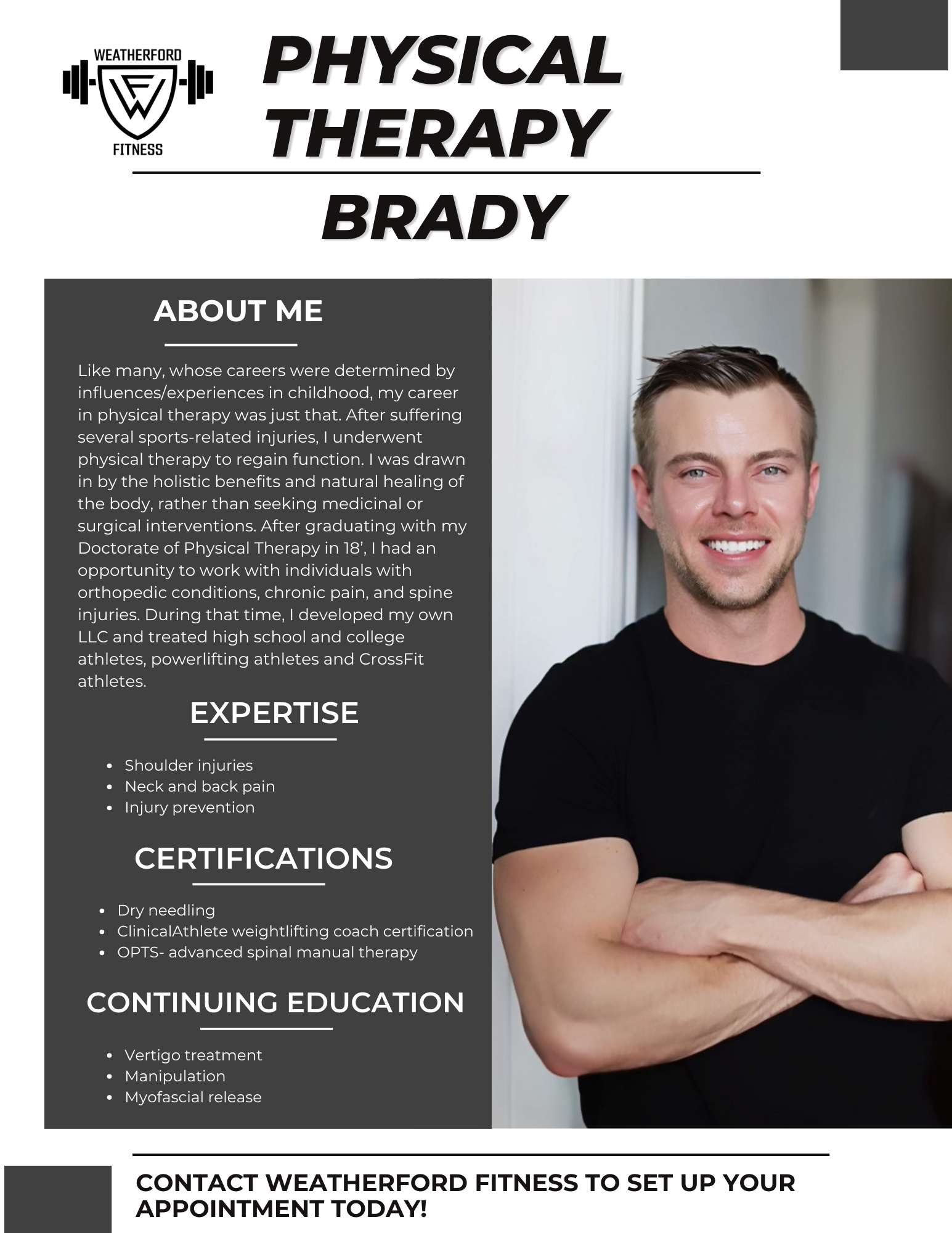 Trainer Spotlight for Brady, offering physical therapy with his expertise and certifications listed. 
