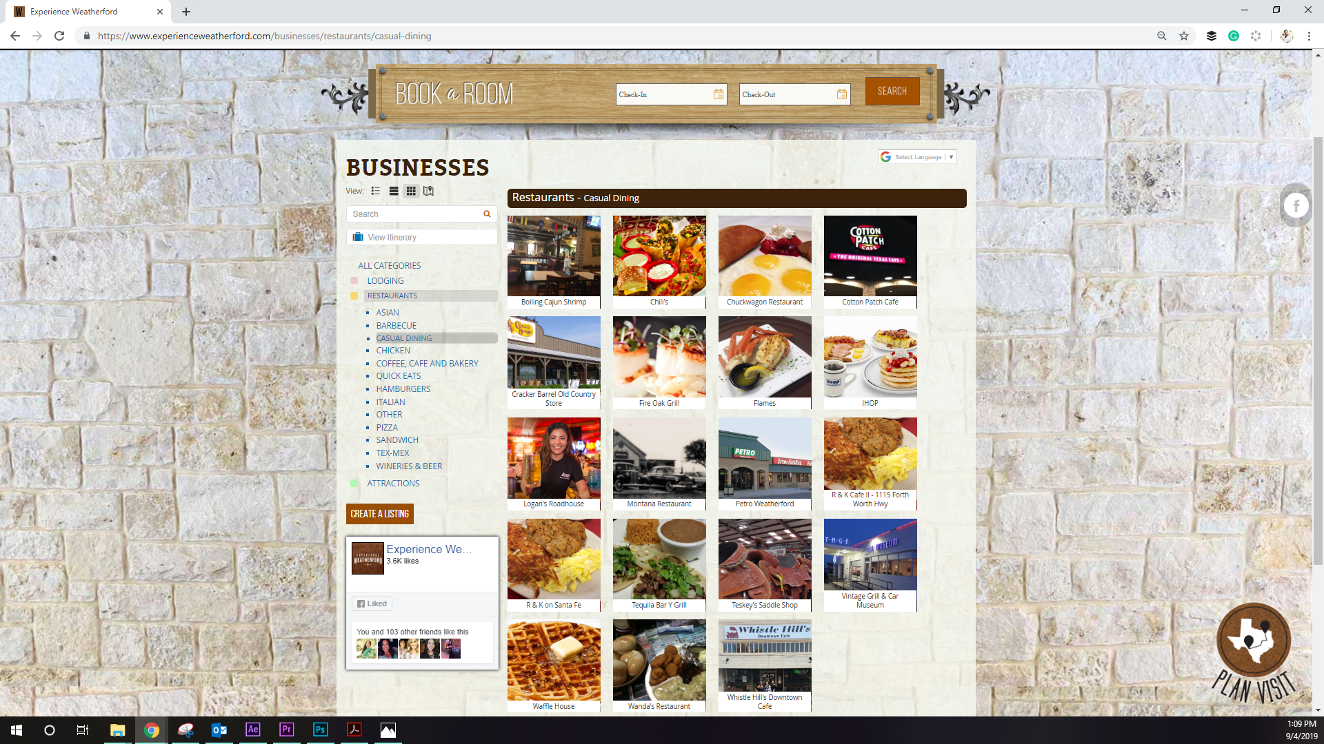 Screenshot of Experience Weatherford Tourism website from September 2019. This was the business feed page.