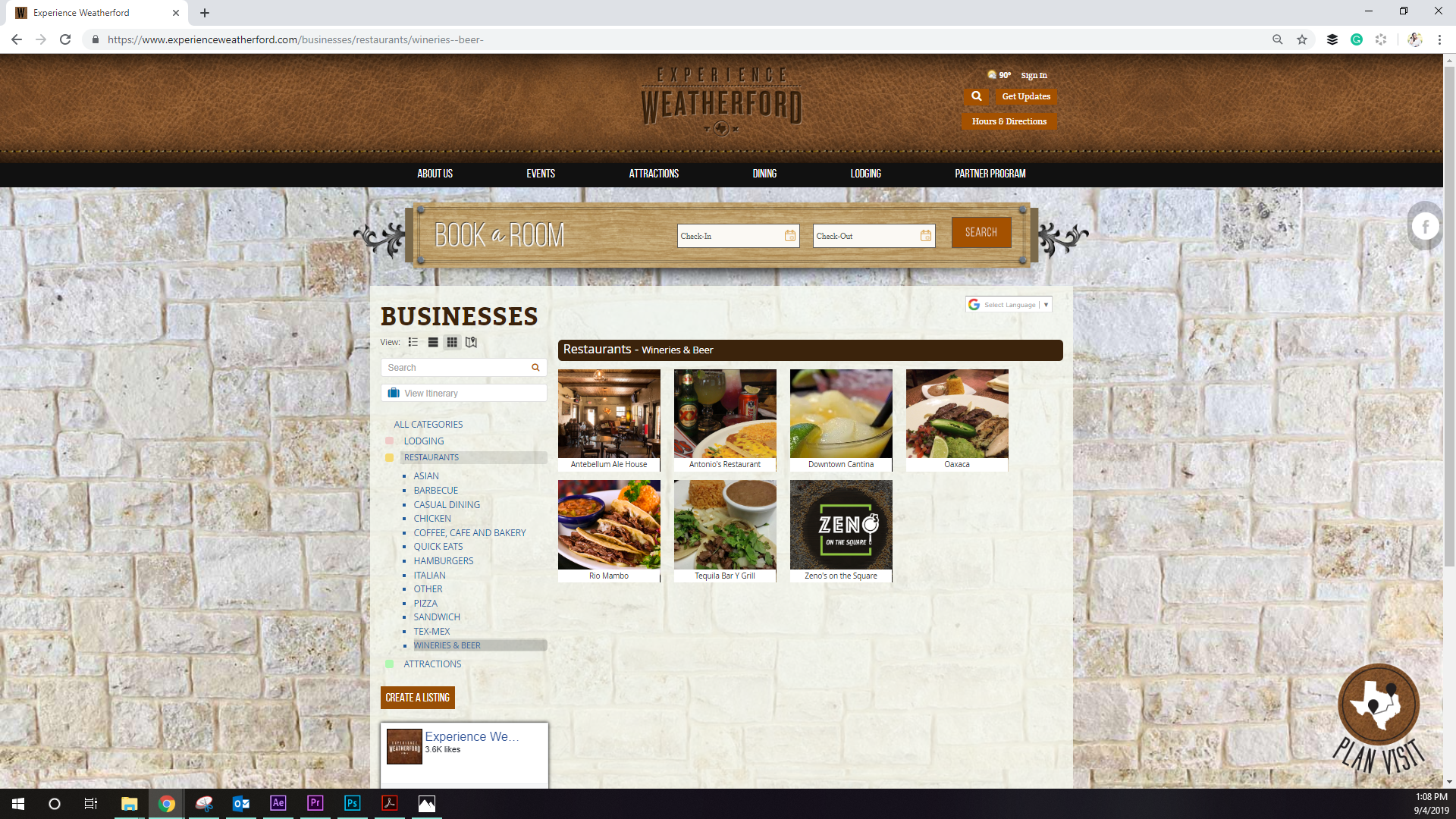 Screenshot of Experience Weatherford Tourism website from September 2019. This was the business feed page showing them filtered by food.