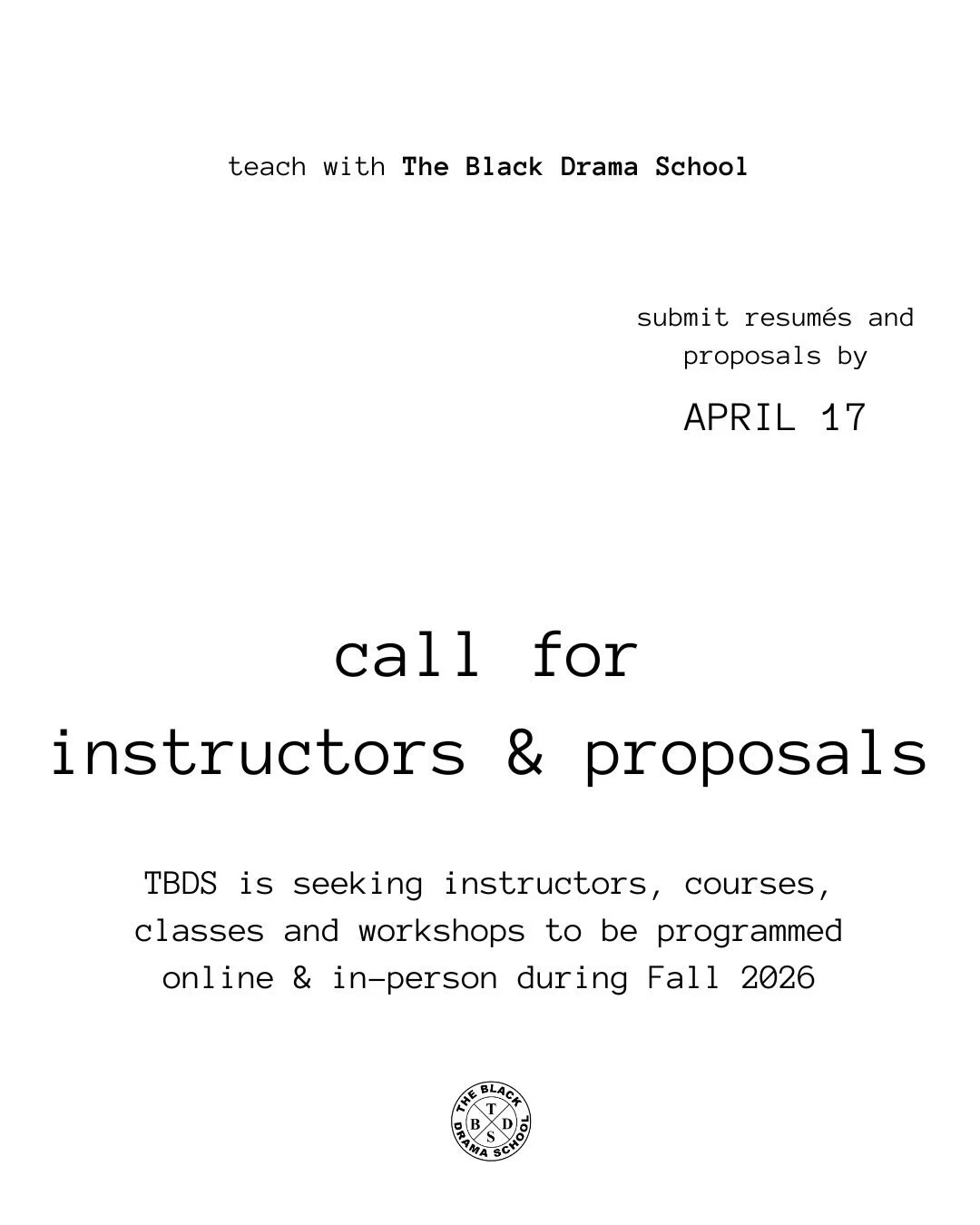 APPLY BY APRIL 17, 2026
we&rsquo;re growing! 🌱TBDS is seeking digital &amp; in-person programming for FALL 2026. we are looking for instructors whose praxis aligns with our mission of accessibility and emphasis on care. want to teach but dont have a