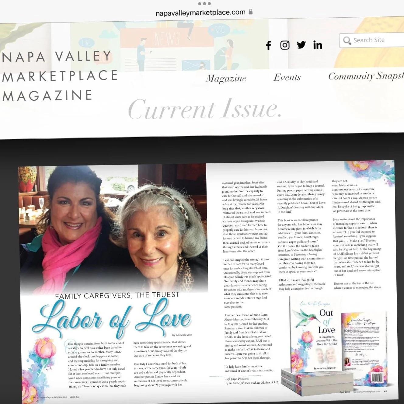Image of magazine article entitled "Family Caregivers, The Truest Labor Of Love" including a photo of Lynn with her mom