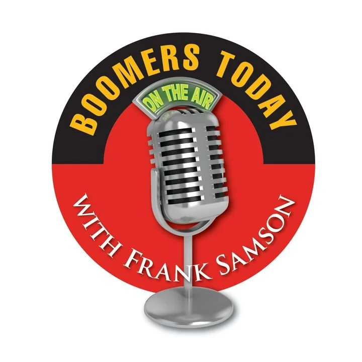 Boomers Today logo, with Frank Samson, a giant microphone on a red background with a gold heading, in gold letters over black border