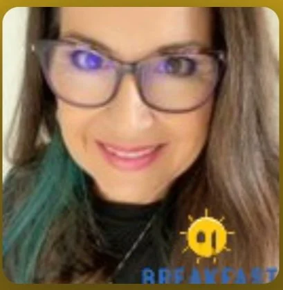 Lynn's face, wearing glasses, closeup, with the Breakfast Leadership logo on the lower right.
