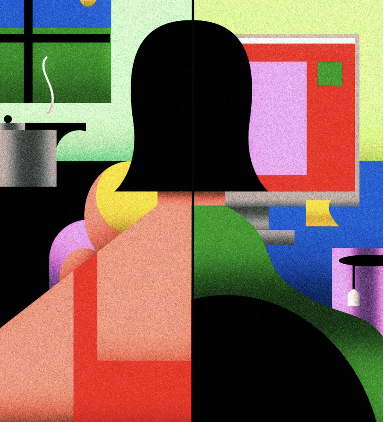 colorful abstract art depicting the back of a person's head looking at a computer screen. Illustration by Derek Abella