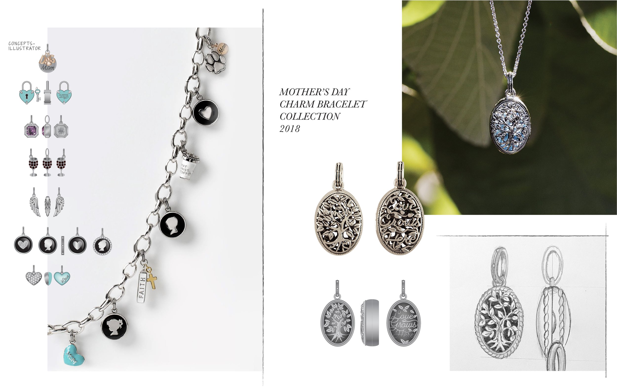 Mother's Day Charm Bracelet and Pendants | 2018
This limited edition collection took our beloved charms and blew them up into small pendants to be worn on the custom link chain bracelet or any necklace.
The "Love Grows Here" Family Tree locket pen