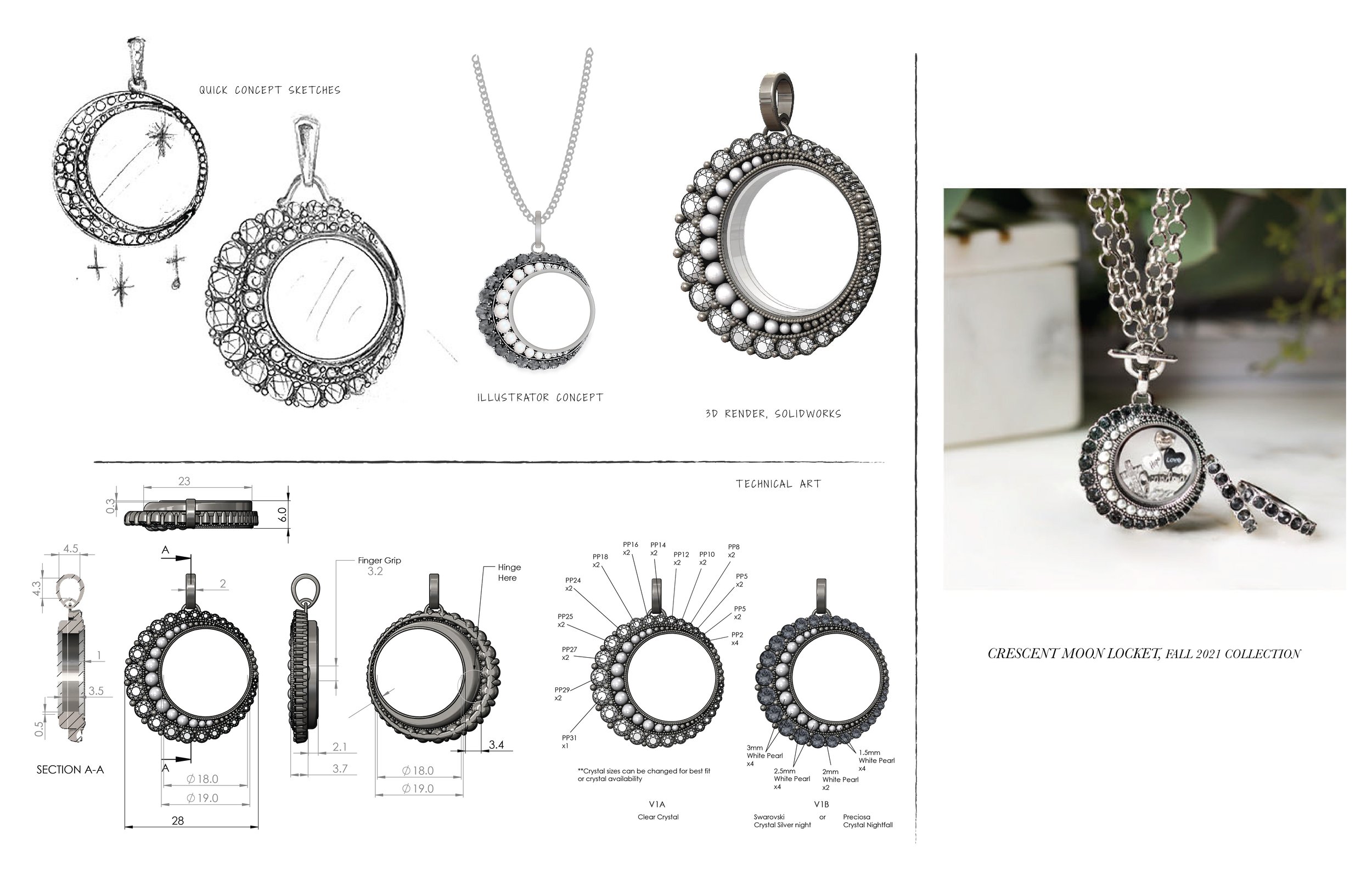 Crescent Moon Locket, Fall 2021 | Brass, Pearl, Czech crystal. This locket was carefully designed to remove extra weight so it would hang at the intended angle when worn.