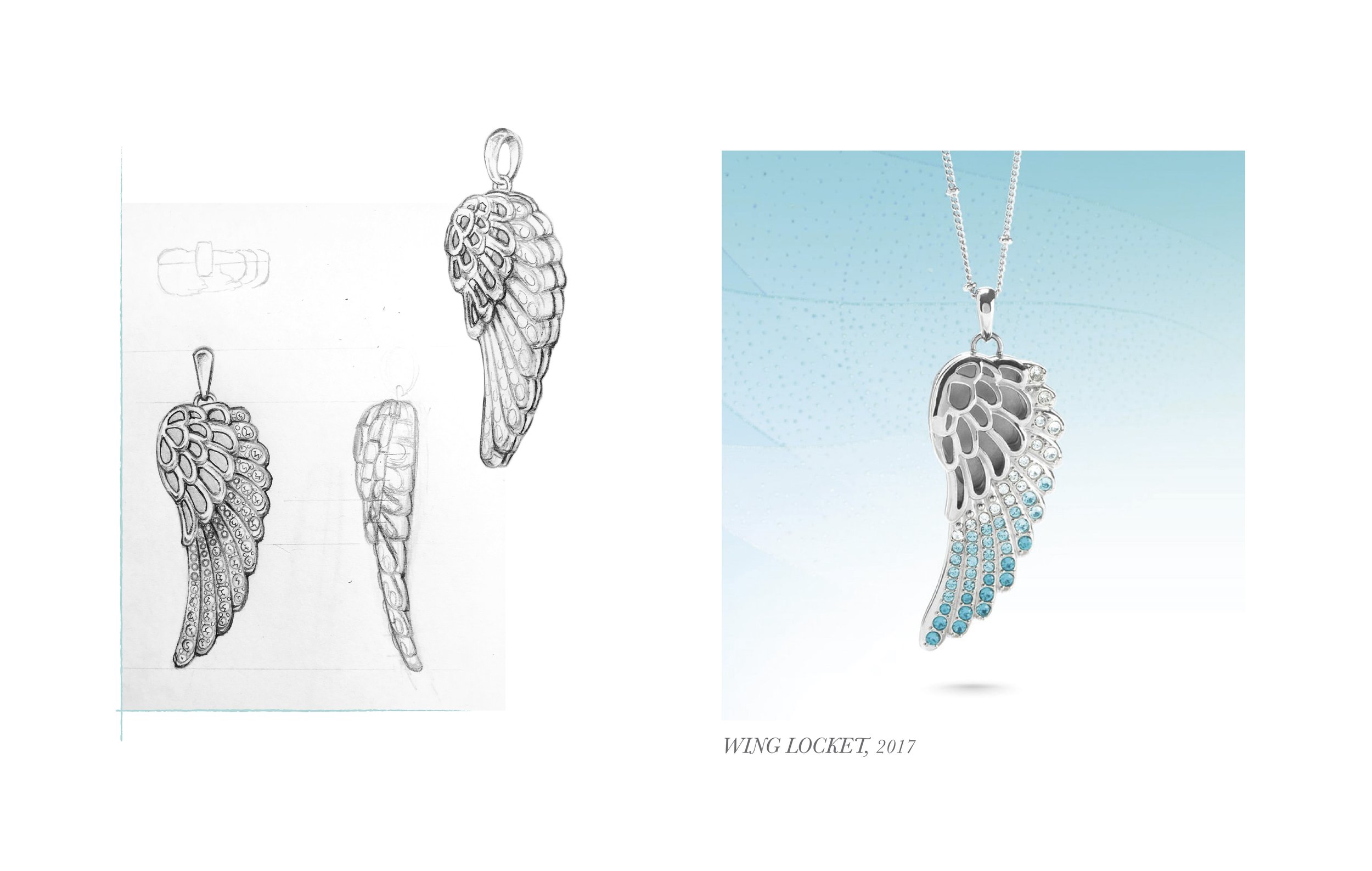 Stainless Steel. This locket features Swarovski crystals in an ombre pattern, as well as cutouts at the top of the wing to showcase crystals placed inside.