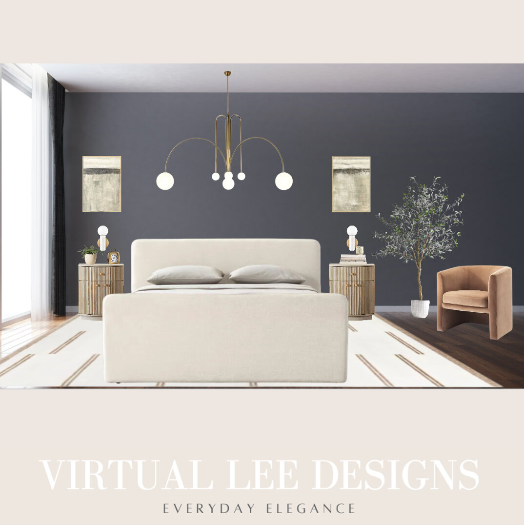 Can a moody room still feel light and airy? Swipe ---&gt; to see the before and let us know what you think!​​​​​​​​
​​​​​​​​
#virtualleedesigns #interiordesign #virtualinteriordesign #virtualdesigner #neutralhome #homedecor #designonabudget #neutralh