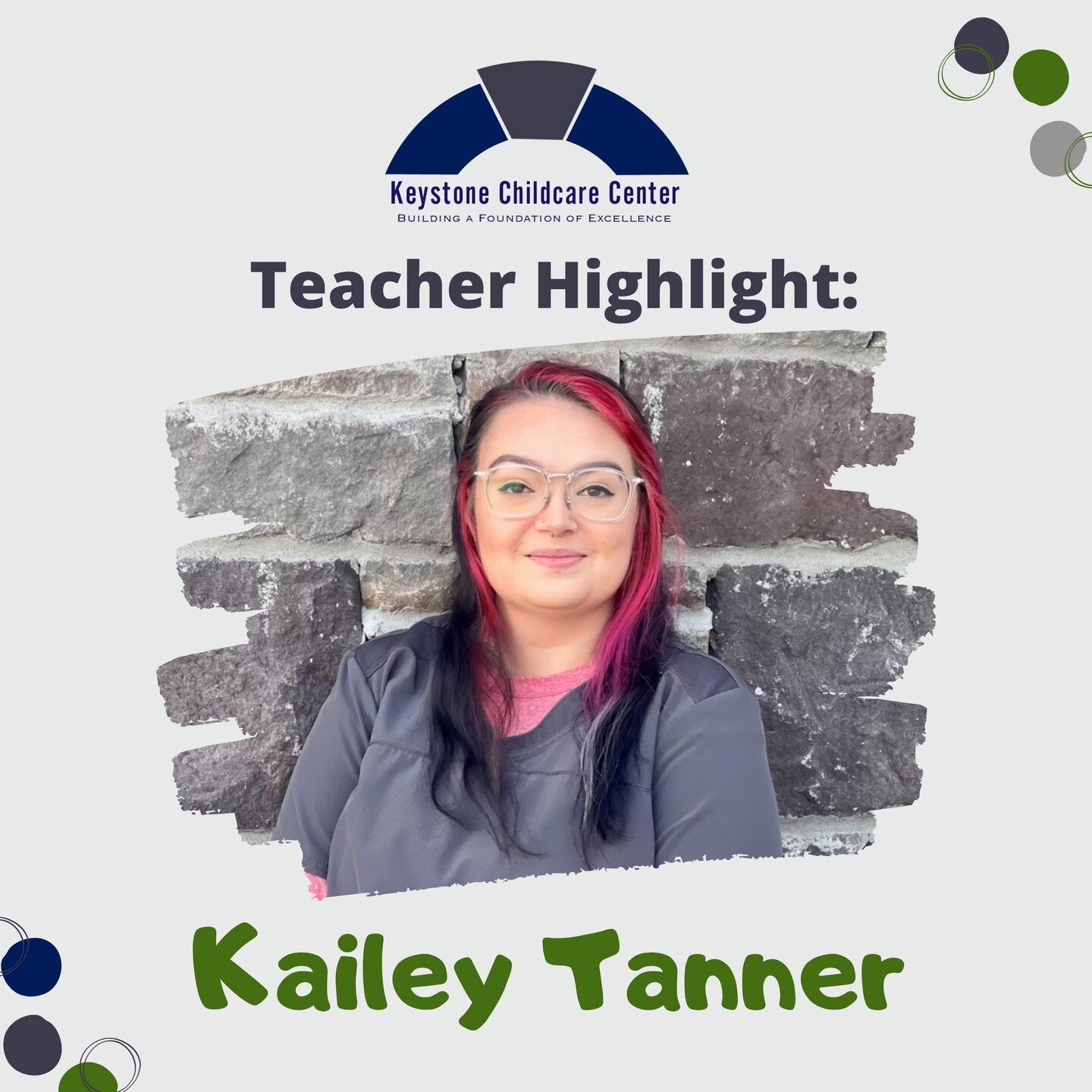 Meet Kailey, our Toddler 2 Co-Lead educator. ☀️⁠
⁠
Kailey is from TN, however most of her family resides in upstate New York. ⁠
⁠
She has been an educator for six years. ⁠
⁠
A fun fact about Kailey is that she enjoys collecting crystals! ✨
