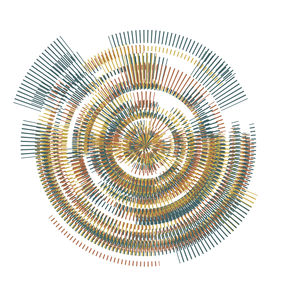A colorful spiral pattern of concentric circles made of vertical lines on a black background.