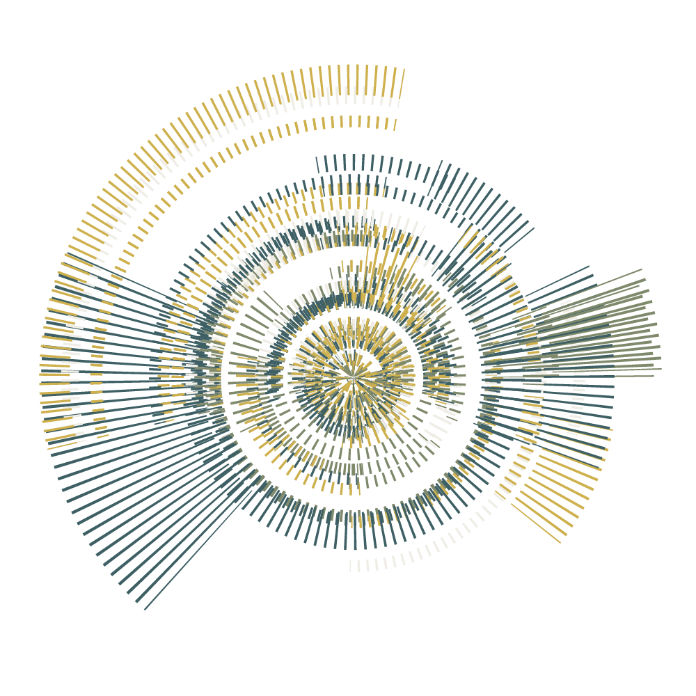 Abstract digital spiral with concentric circles and radiating lines in gold, white, and blue colors on a black background.