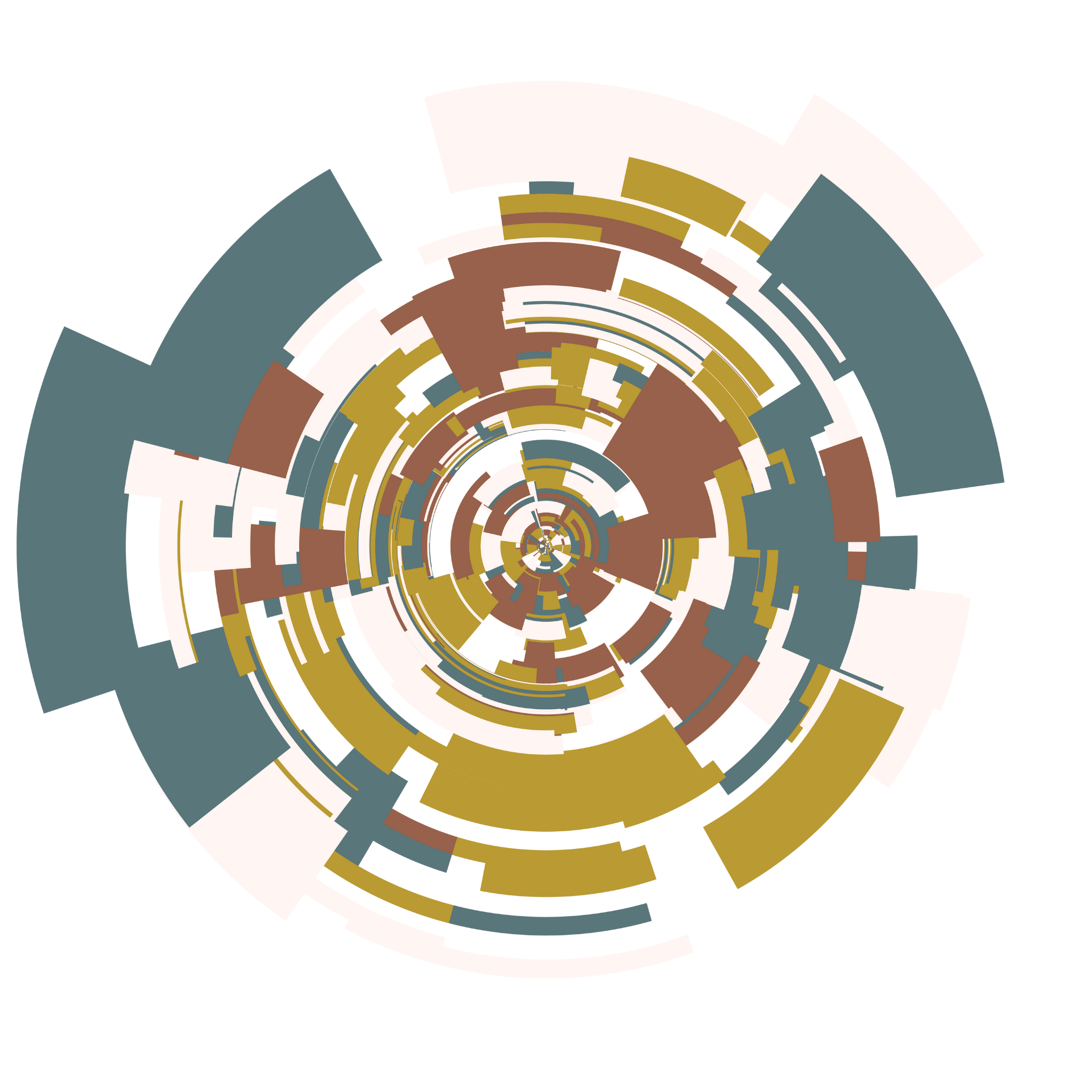 Abstract circular geometric design with multicolored rectangular shapes in shades of brown, yellow, white, green, and gray, arranged in concentric circles.