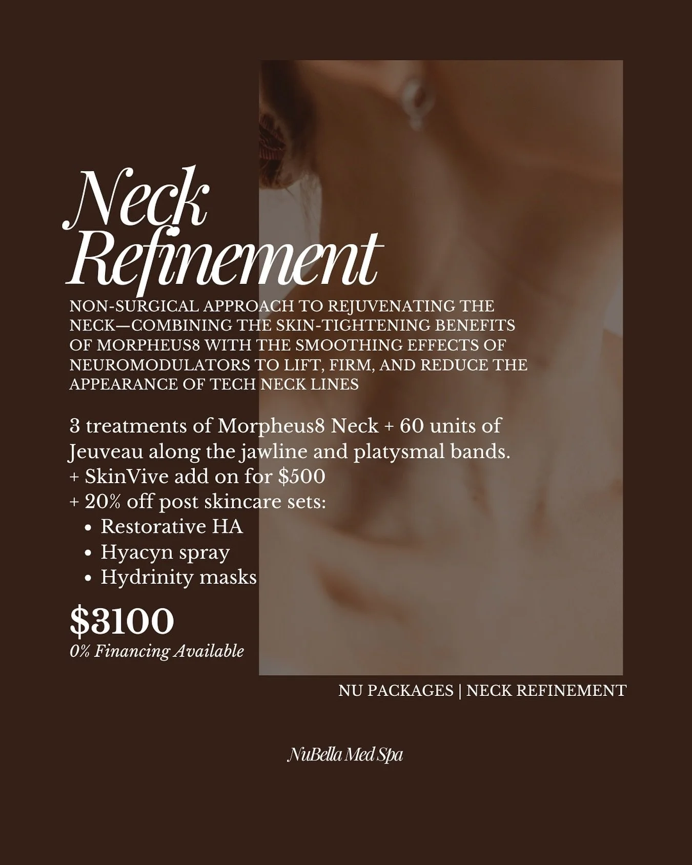 Tighten, smooth, and lift your neck and jawline with our Neck Refinement Package—the perfect solution for those noticing signs of aging or “tech neck.” This treatment strengthens skin, reduces lines, and redefines your profile witho